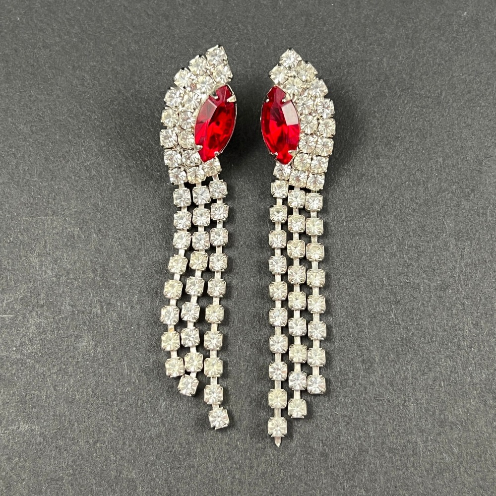 Vintage Rhinestone Earrings Red Silver Tone Fringe Chandelier Formal 2.75" - Picture 7 of 10